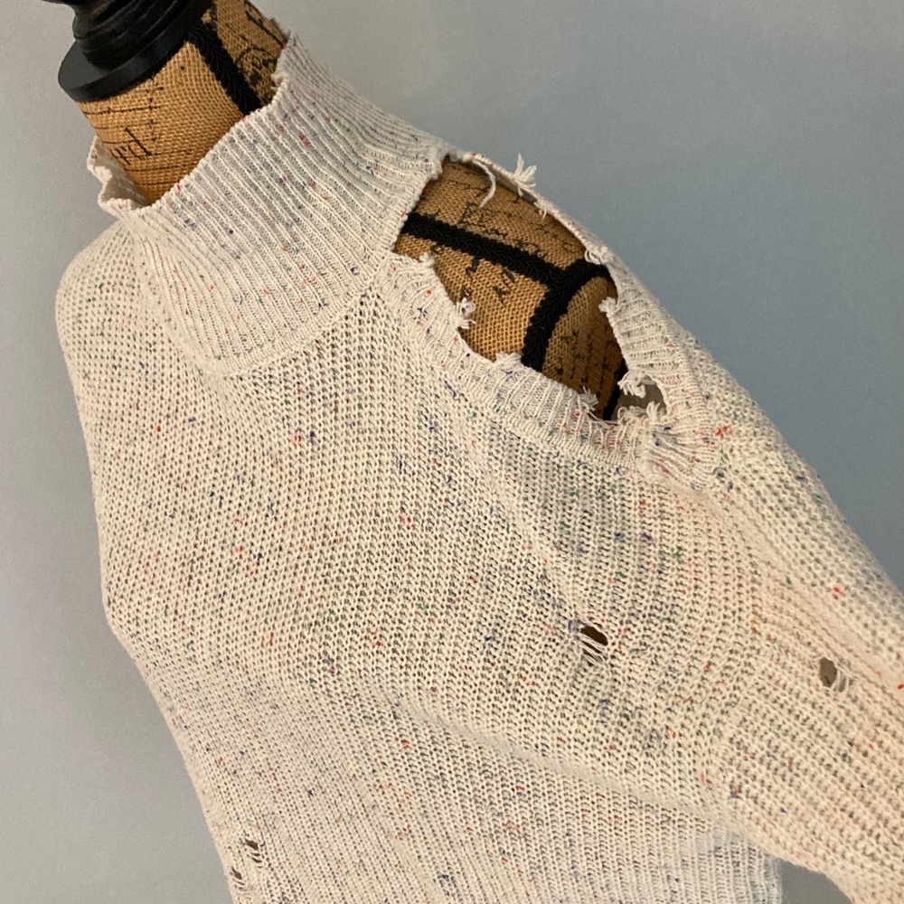 Cozy Cream Distressed Turtleneck Sweater No Size Tag - Picture 2 of 16